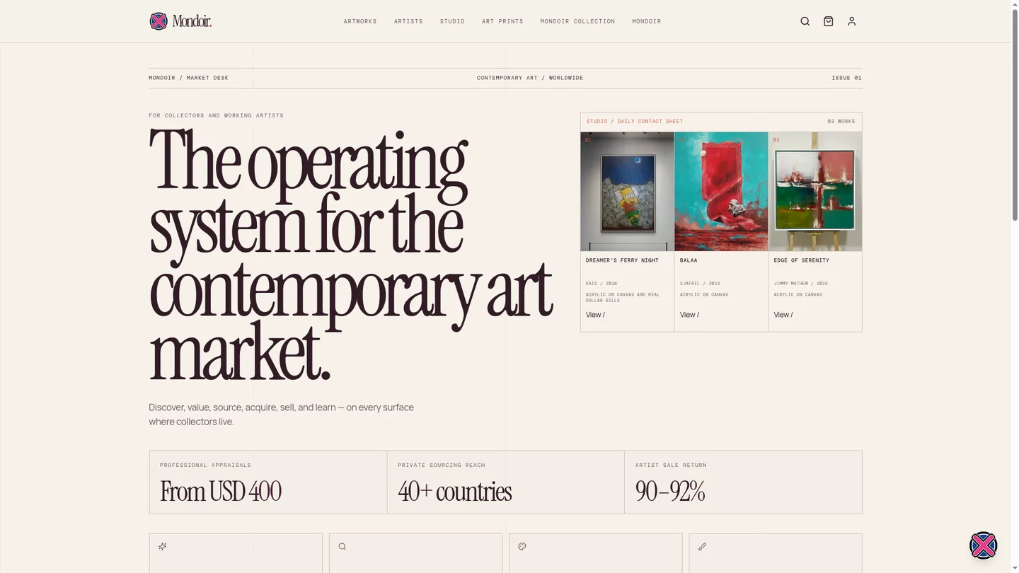 Mondoir.Art website showing contemporary artworks and the Mondoir gallery navigation