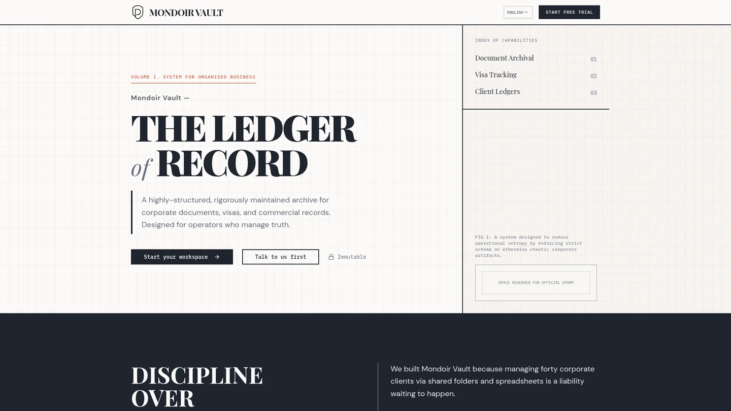 Mondoir Vault website showing secure document management